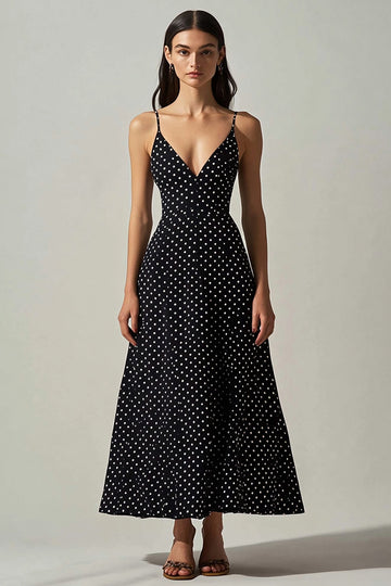 Svart Vit En linje V-hals Polka Dot Klänning
